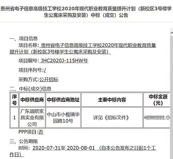 貴州省電子信息高級技工學校家具學生公寓床采購項目